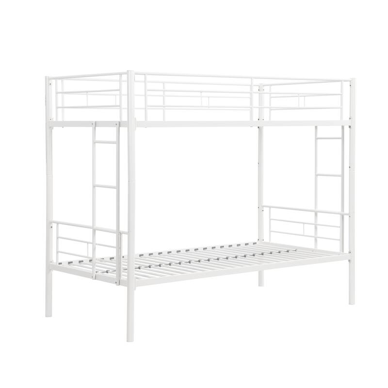 Twin Over Twin Metal Bunk Bed,Metal Structure Bedframe with Safety Guardrails and 2 ladders,White