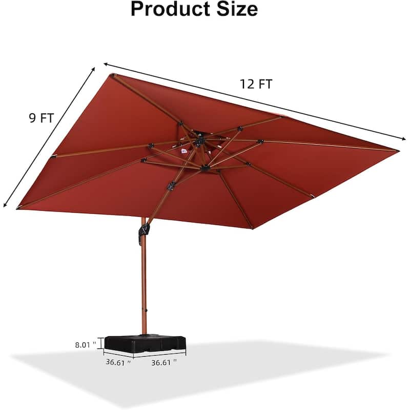 PURPLE LEAF 9 x 12ft Double Top Deluxe Wood Pattern Rectangle Patio Cantilever Umbrella with Base