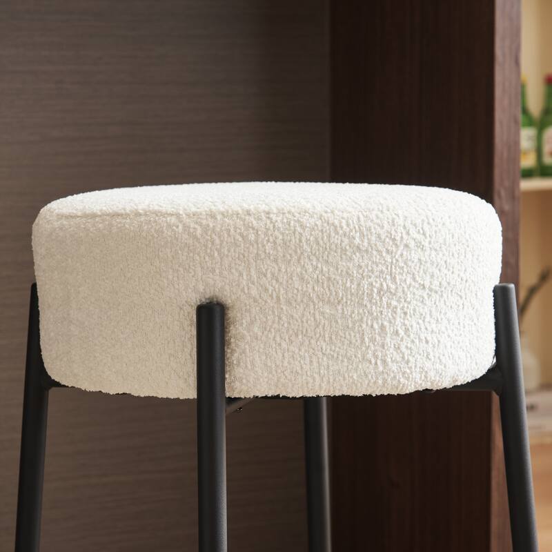 Round Bar Stools Set of 2, Fabric Upholstered Bar Chairs with Footrest, Backless Kitchen Island Stools with Metal Base