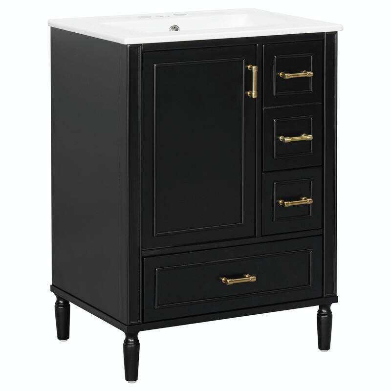 24" Modern Bathroom Vanity with Ceramic Sink, Soft-Close Door, 3 Drawers, Gold Handles & Door Rack