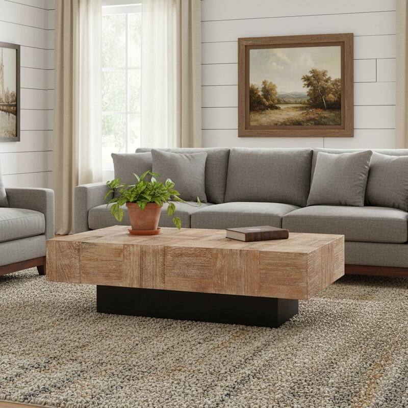 HomeRoots 59" Natural and Black Solid Wood Block Coffee Table - 59