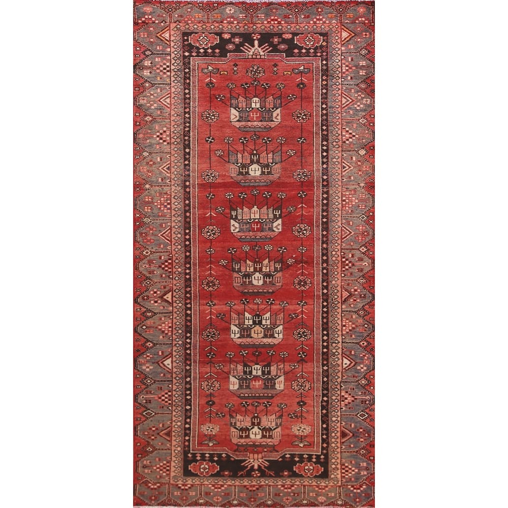 Geometric Hamedan Persian Vintage Runner Rug Hand-Knotted Wool Carpet - 3'9"x 9'5"