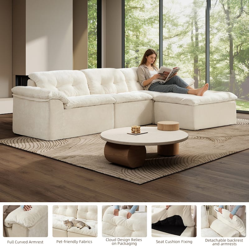 Rossetta L-Shaped Modular Chenille Cushioned Extreme Comfort Sofa with Detachable Backrest and Armrests, 1 Removable Ottoman