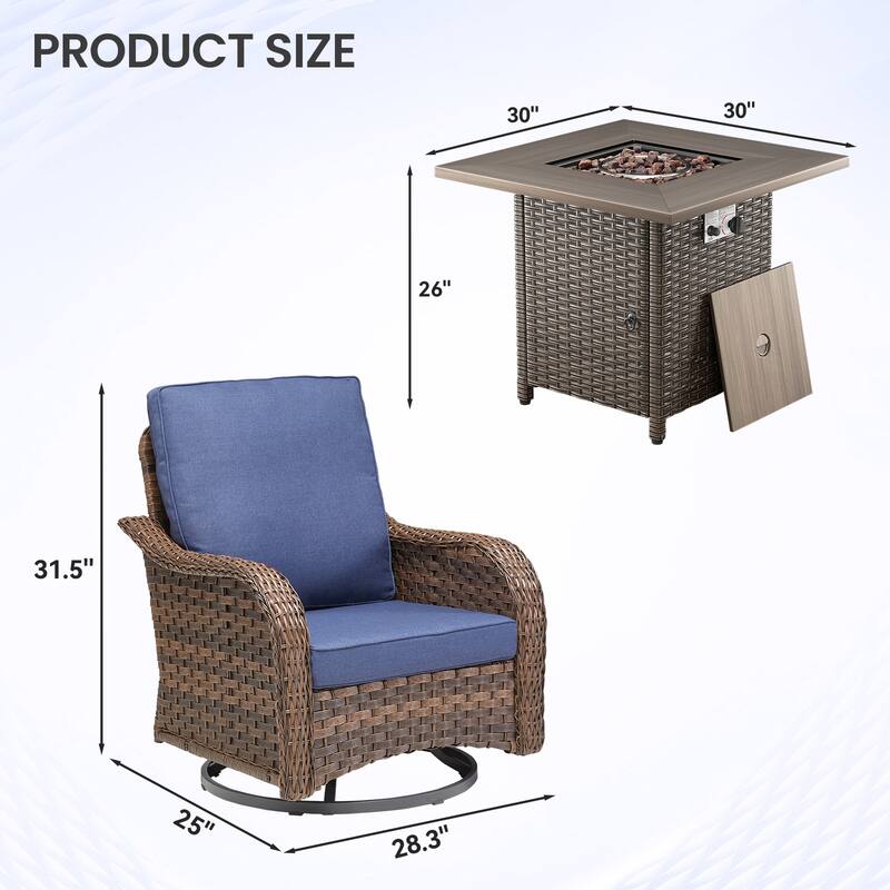 Pocassy Patio Funiture Sofa Swivel Chair Ottoman with Fire Table Set