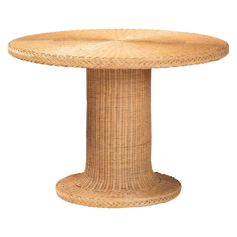 Amaya 5-Piece Round Rattan Dining Set - Handwoven Wicker Pedestal Table and 4 Barrel Chairs, Boho Coastal Style