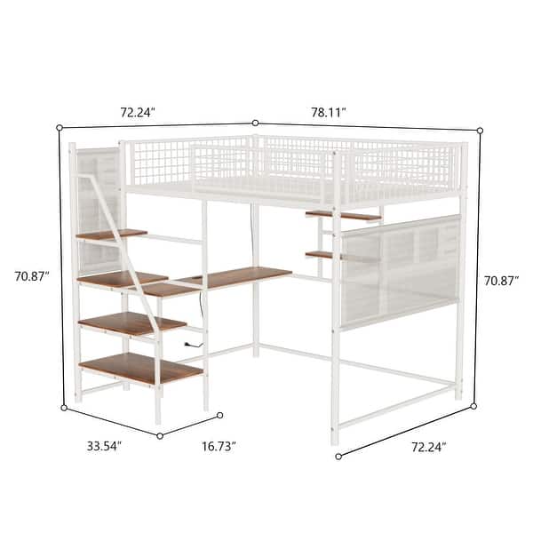 dimension image slide 0 of 2, Full Size Loft Metal Bed for Bedroom and Dormitory, with Built-in Charging Station and LED Lighting
