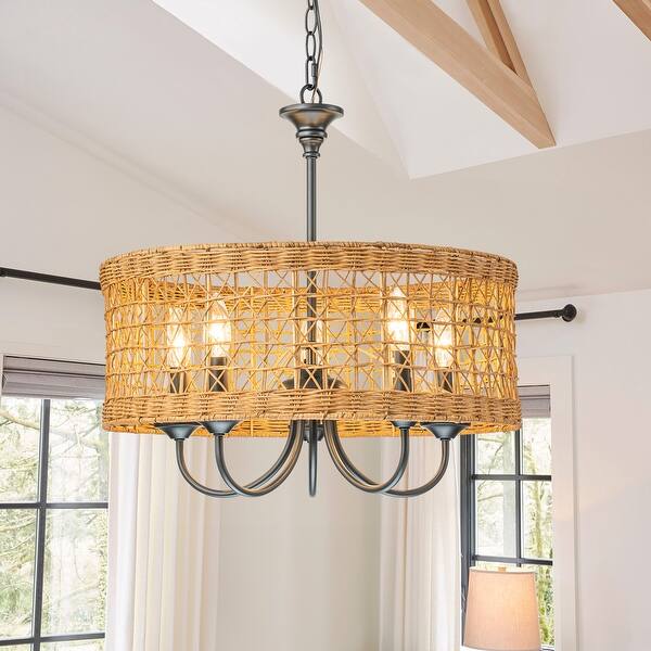 slide 2 of 16, 5-Light Farmhouse Boho Rustic Woven Rattan Pendant Light Round Drum Hand Woven Bamboo Rattan Chandelier - 19.6 in. W
