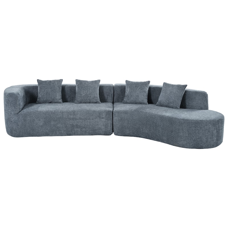 Curved Design Chenille Sectional Sofa, Modern Modular Couch with 4 Pillows, Plush Sponge and Spring Cushion, Sponge Sofa