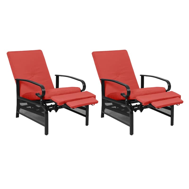 2 Piece Outdoor Metal Patio Adjustable Recliner Lounge Chairs with Retractable Steel Frame and Removable Thick Cushion