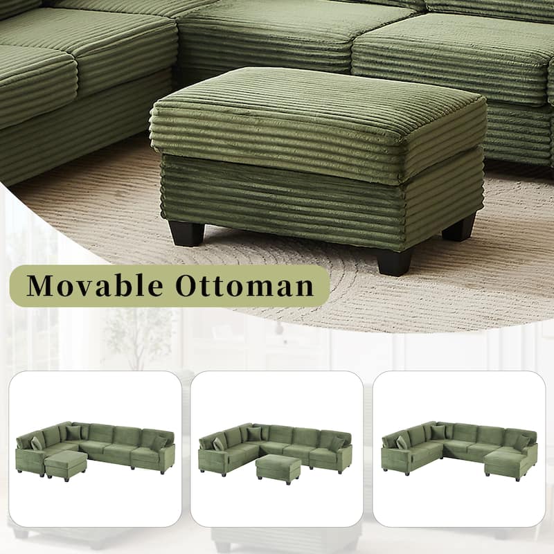 Sectional Sofa U-shaped Sectional 125.2" Upholstered L-shaped Sofa with a Movable Ottoman and Side Storage Pockets