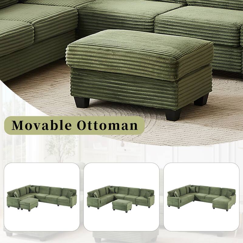 U Shaped Sectional Sofa with 1 Movable Ottoman, Corduroy Upholstered 6 Seater Sofa, Corner Sofa with Storage Pockets