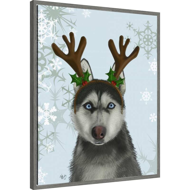 Husky and Antlers by Fab Funky (23 x 28 in.), Framed Canvas Wall Art Print - Sylvie Greywash