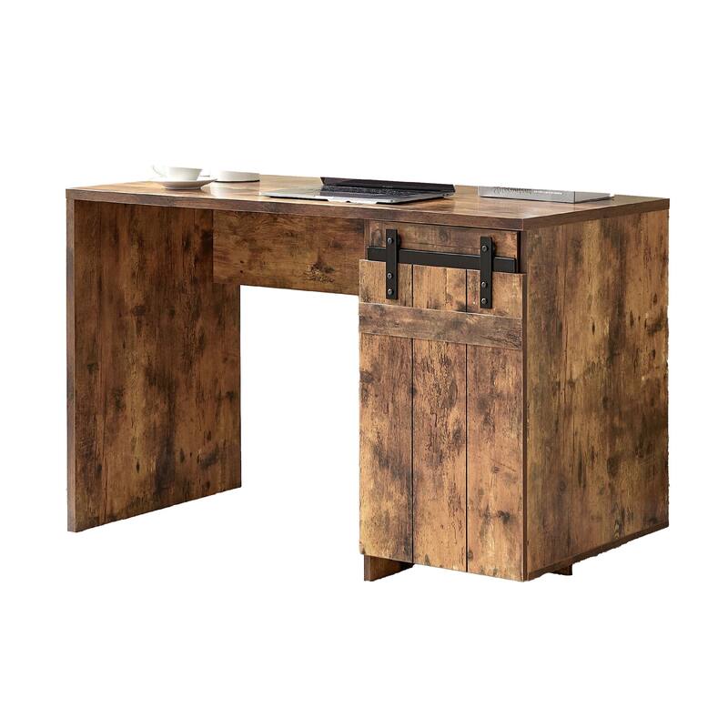 Fior Home Writing Desk, 47 Inch, Distressed Brown Wood, Faux Barn Door
