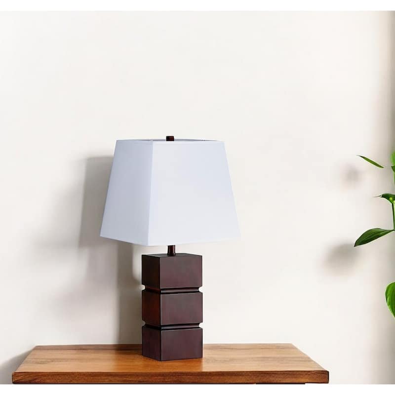 27" Brown Resin Bedside Table Lamp with White Linen Shade and Geometric Base E26 Socket - 27" H x 16" W x 18" D