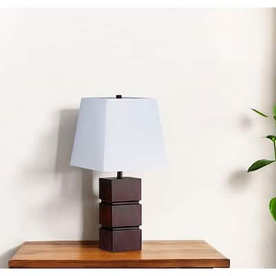27" Brown Resin Bedside Table Lamp with White Linen Shade and Geometric Base E26 Socket - 27" H x 16" W x 18" D