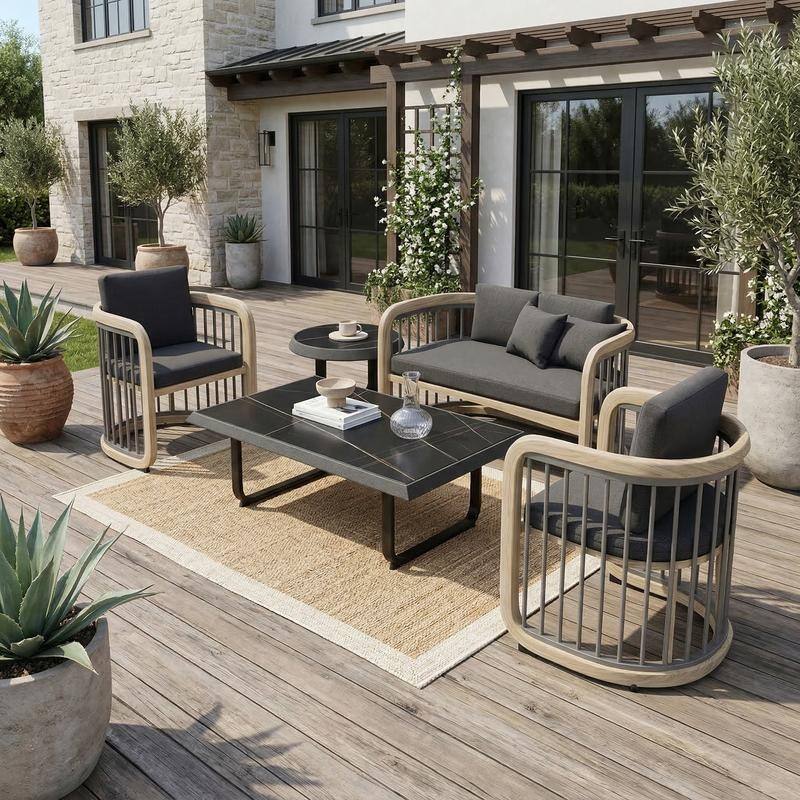 Klyra 5-Piece Indoor/Outdoor Conversation Set in Aluminum Frame with a Rectangular Coffee End Table and Olefin Fabric Cushions - Grey