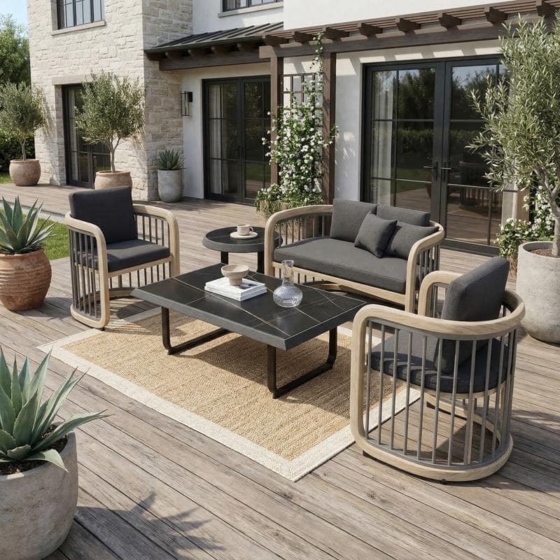 Klyra 5-Piece Indoor/Outdoor Conversation Set in Aluminum Frame with a Rectangular Coffee End Table and Olefin Fabric Cushions