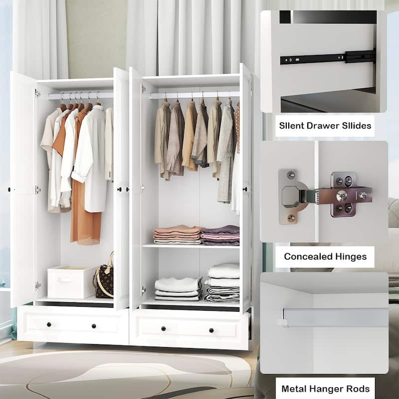 Versatile 4-Door Wardrobe with 2 Drawers, Spacious White Closet for Bedrooms or Guest Rooms - 63" in Width