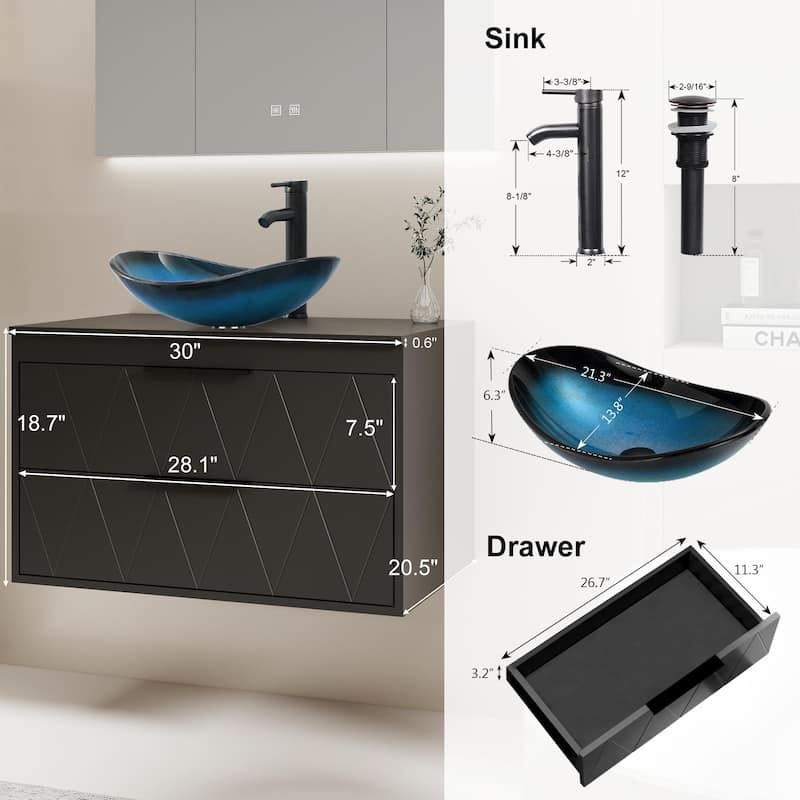 Modern Wall Mounted Bathroom Vanity Set with Vessel Sink & Faucet