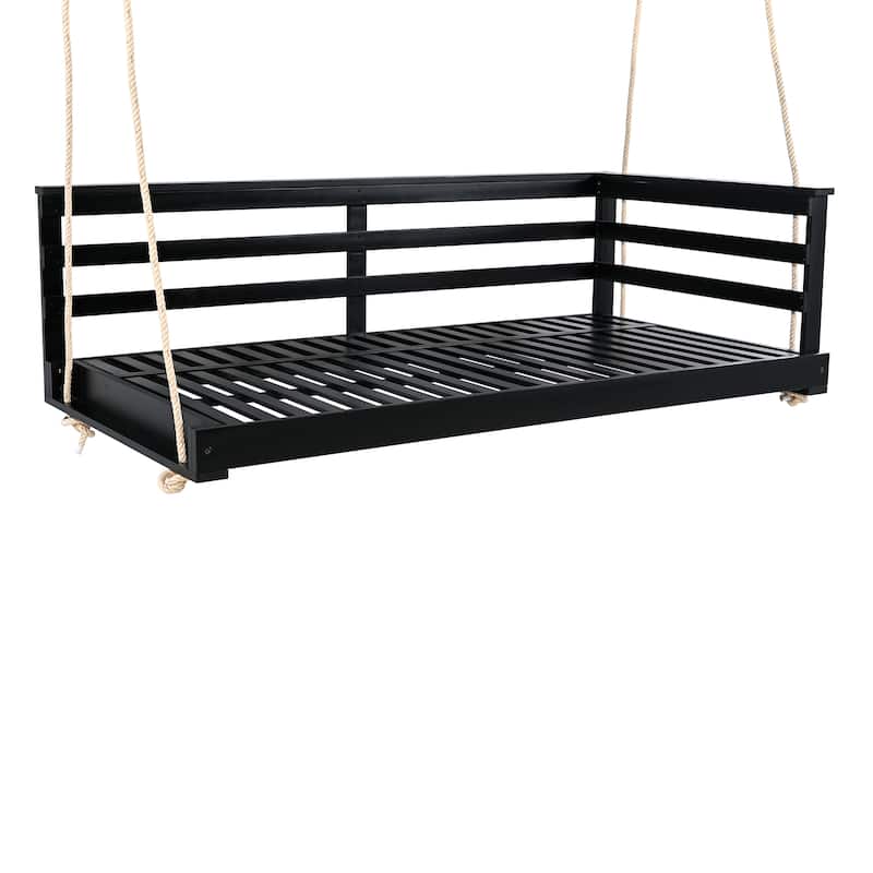 Country Patio Wooden Twin Size Swing Daybed Porch Swing Frame with 4pcs 96-inch Hemp Ropes for Backyard, Garden, Black