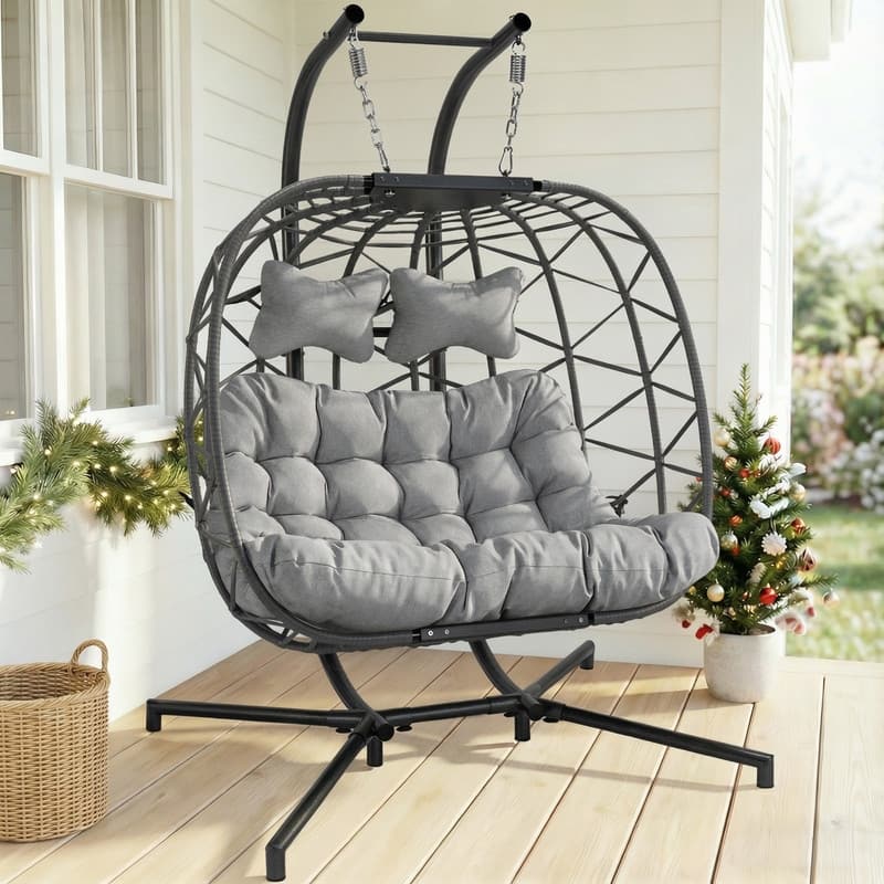 Oversized Outdoor Double Hanging Egg Chair with Cushions, 700 lbs Capacity Swing Chair for Indoor or Patio - Light Grey/Grey