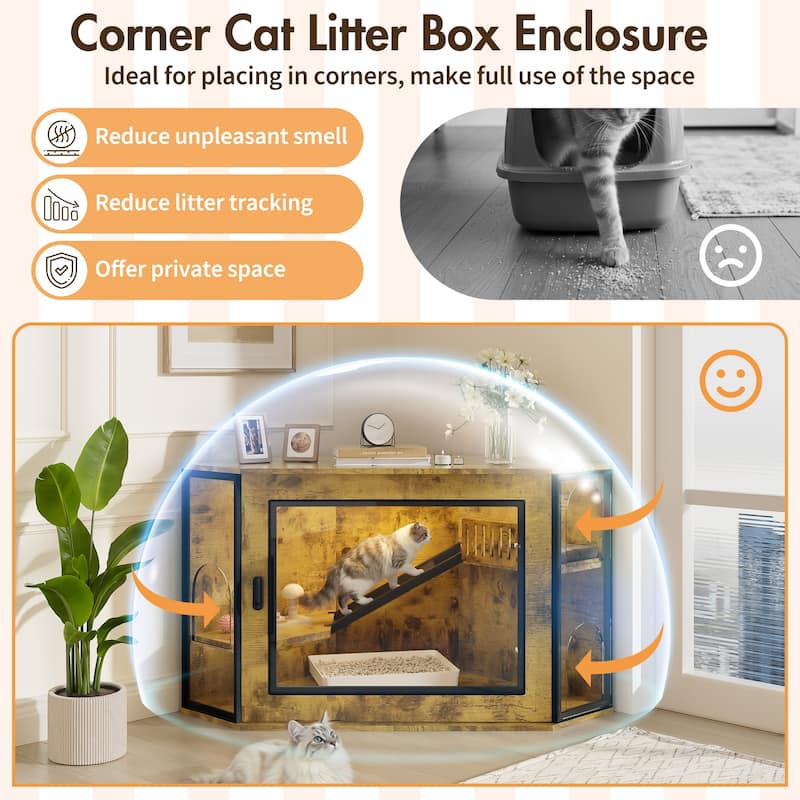 48" Corner Cat Litter Box Enclosure, Modern Hidden Litter Box Corner Cabinet with Acrylic Door and LED Light