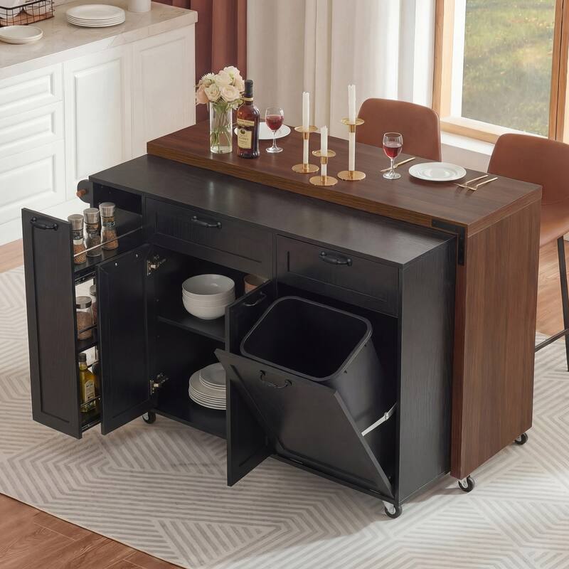 Mobile Kitchen Cart with Pull Out Dining Table Storage Drawers and Spice Rack