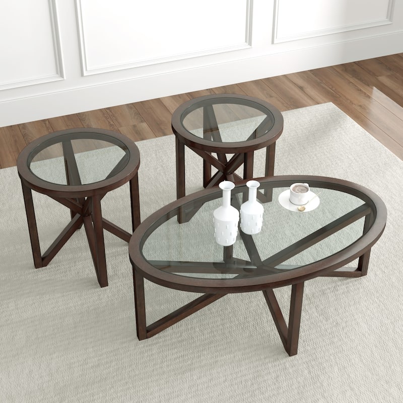 Modern simple glass coffee table, tempered glass coffee table solid wood base round transparent glass top
