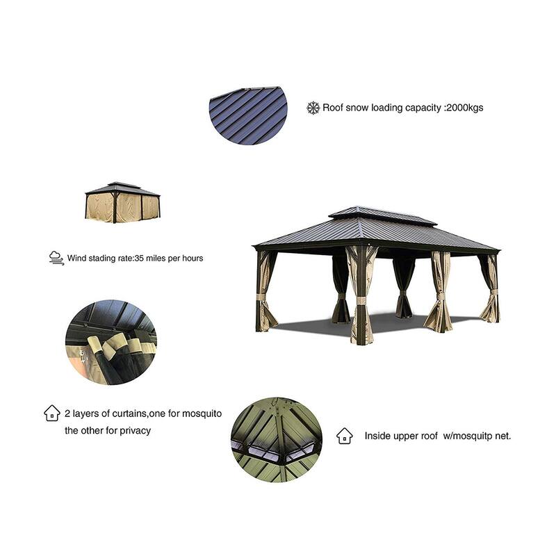 Kozyard Alexander 12'X20' Hardtop Aluminum Permanent Gazebo with a Mosquito Net and Privacy Sidewalls