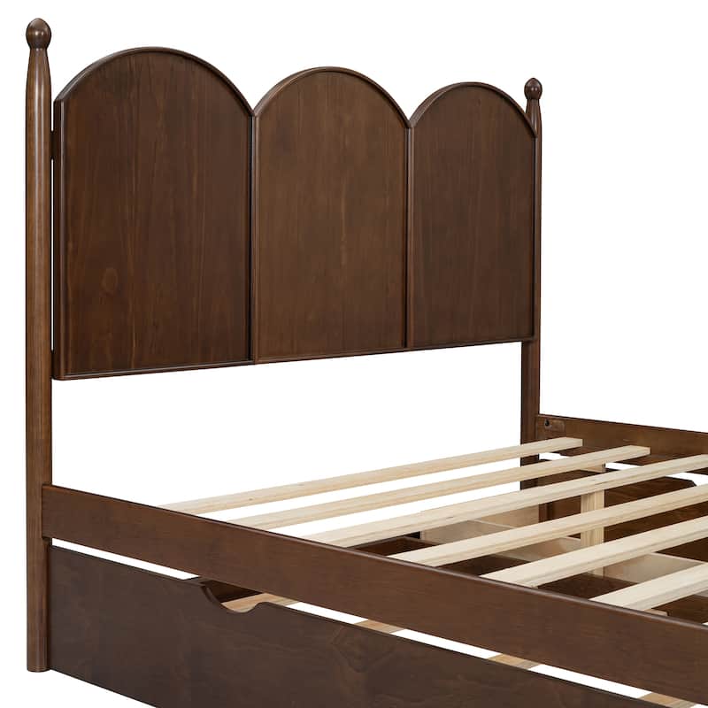 Queen Size Wood Platform Bed with 2 Drawers and Twin XL Trundle, Solid Wood Queen Bed Frame with Headboard, Wood Slats Support