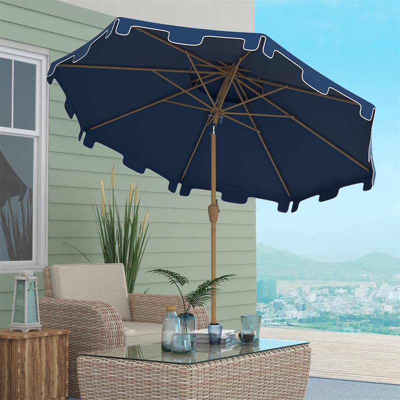 9' Umbrella with Push Button Tilt and Crank,Double Top Ruffled,8 Ribs - Dark Blue