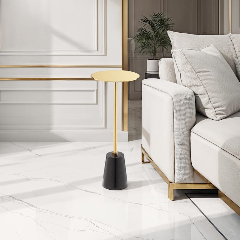 Sen Side End Drink Table, Gold Metal Round Top w Black Marble Base