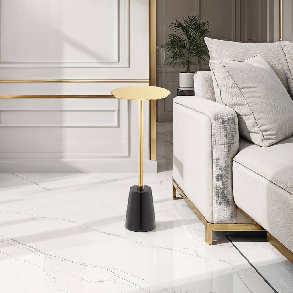 Sen Side End Drink Table, Gold Metal Round Top w Black Marble Base