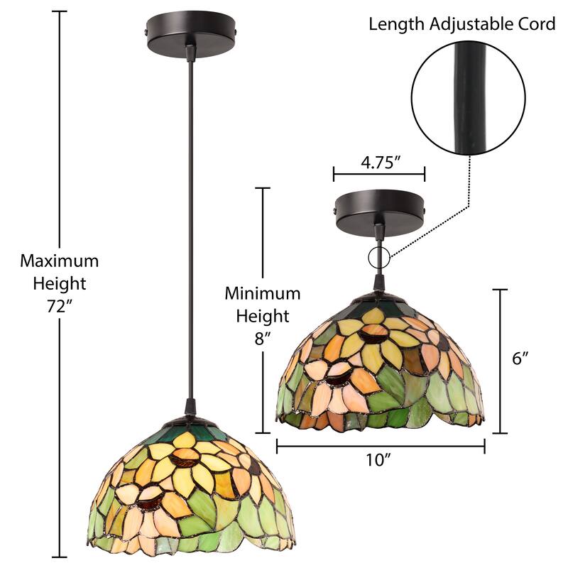 Mademoiselle River of Goods Black Metal and Stained Glass 10-Inch Pendant Light with Adjustable Hanging Cord - 10" x 10" x 72"