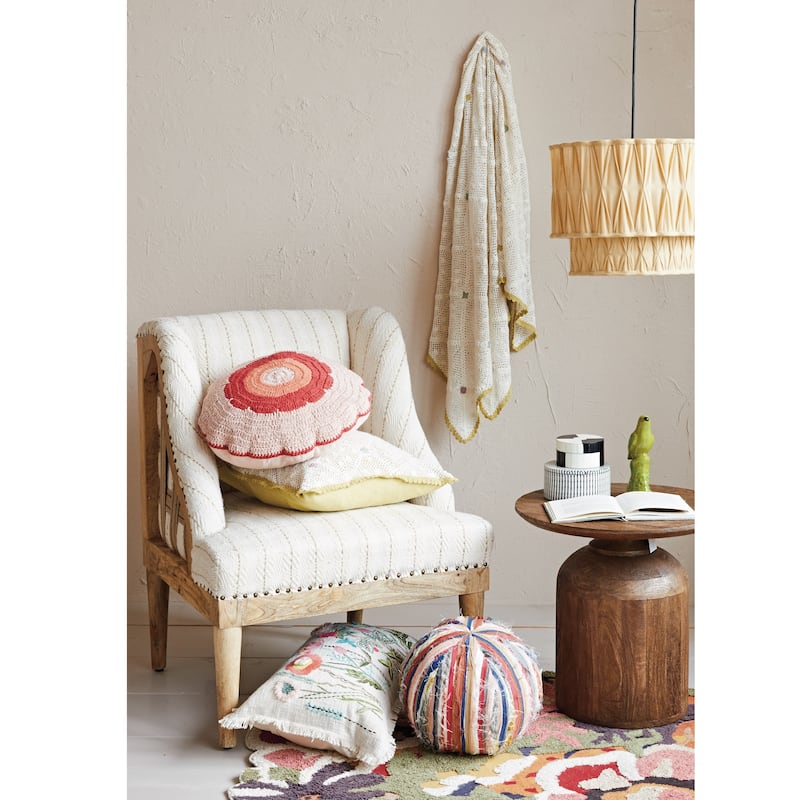 Hand-Woven Reclaimed Cotton Crocheted Pillow with Diamond Pattern - 18.0"L x 18.0"W x 0.1"H