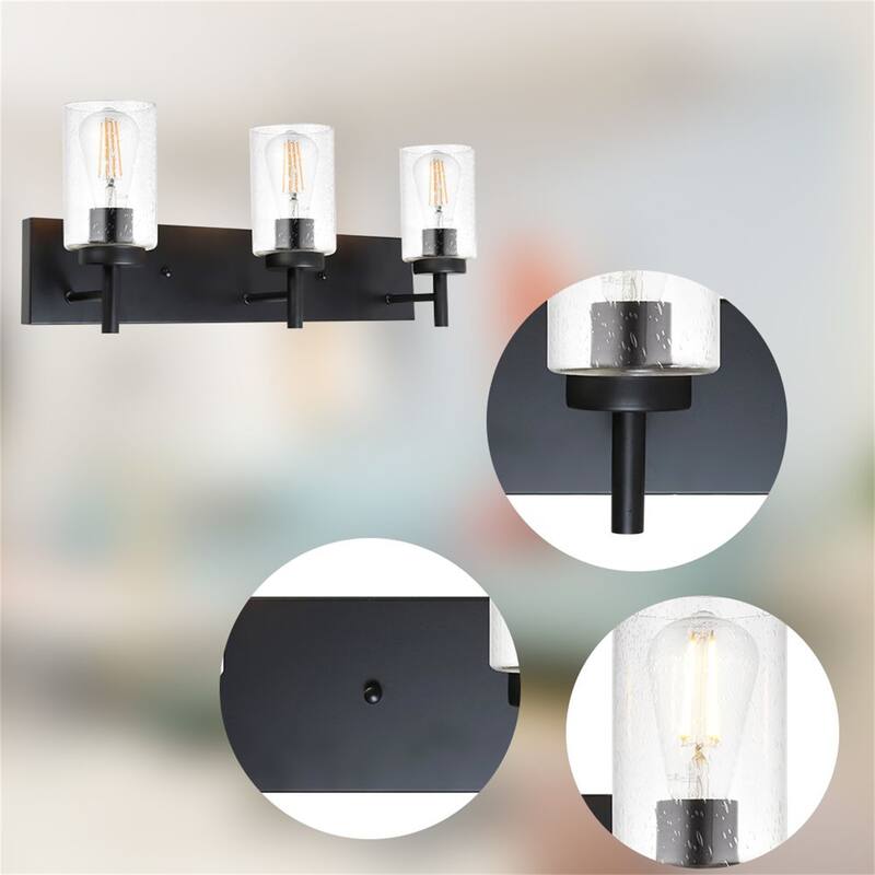 3-Light Black Vanity Light with Seeded Glass Shades