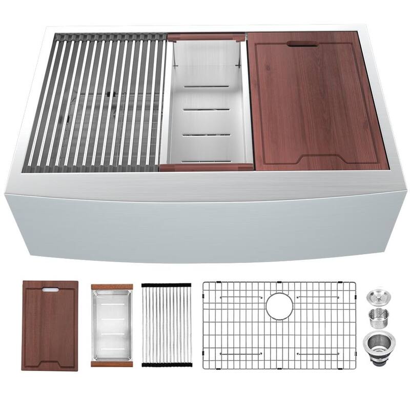 Apron-Front Stainless Steel 33 in. 16-Gauge Single Bowl Farmhouse Kitchen Sink with Workstation - 33" L x 22" W x 10" D