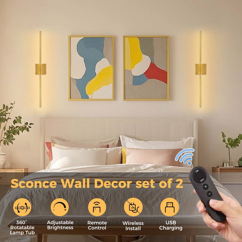 YANSUN 2pack Rechargeable Wall-Mounted LED Lamp - Gold Tube, IR Remote
