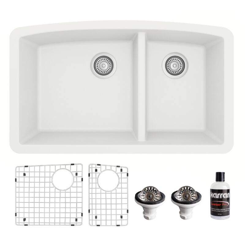 Karran Undermount Quartz 32 in. 60/40 Double Bowl Kitchen Sink Kit - White