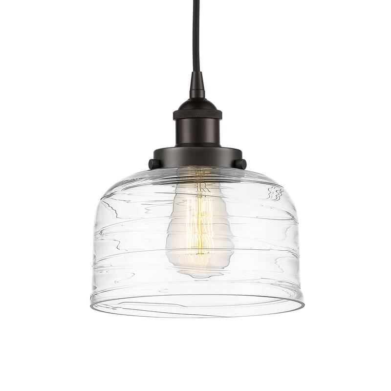 Innovations Lighting 616-1PH-10-8 Bell Pendant Bell 8" Wide Mini - Oil Rubbed Bronze / Clear Deco Swirl