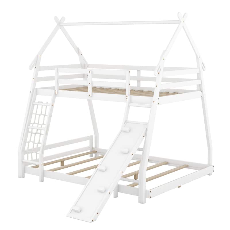 Kids Twin Over Queen Bunk Bed with Climbing Nets, Playhouse Design, and Ramp