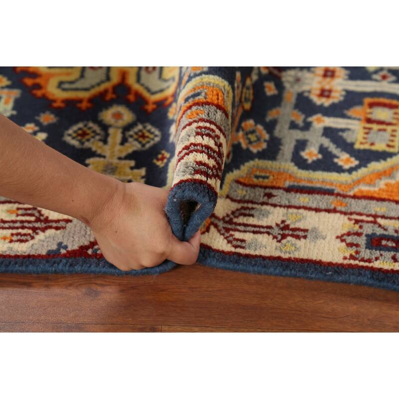 Blue Geometric Kazak Indian Accent Rug Handmade Wool Carpet - 2'11"x 5'0"