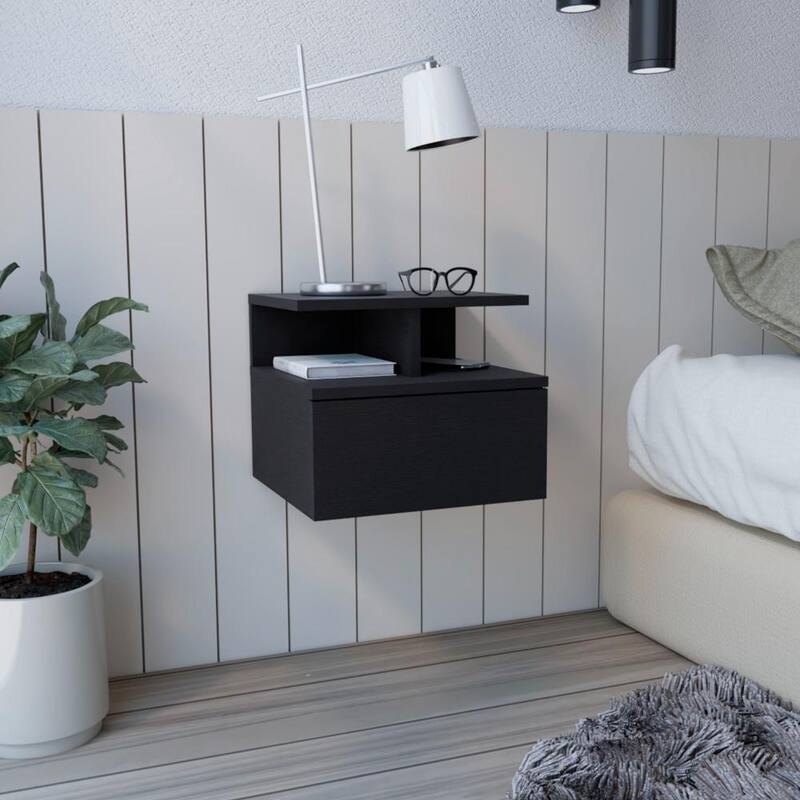 Floating Nightstand with Drawer and Open Shelves, Space-Saving Wall-Mounted Design - Black