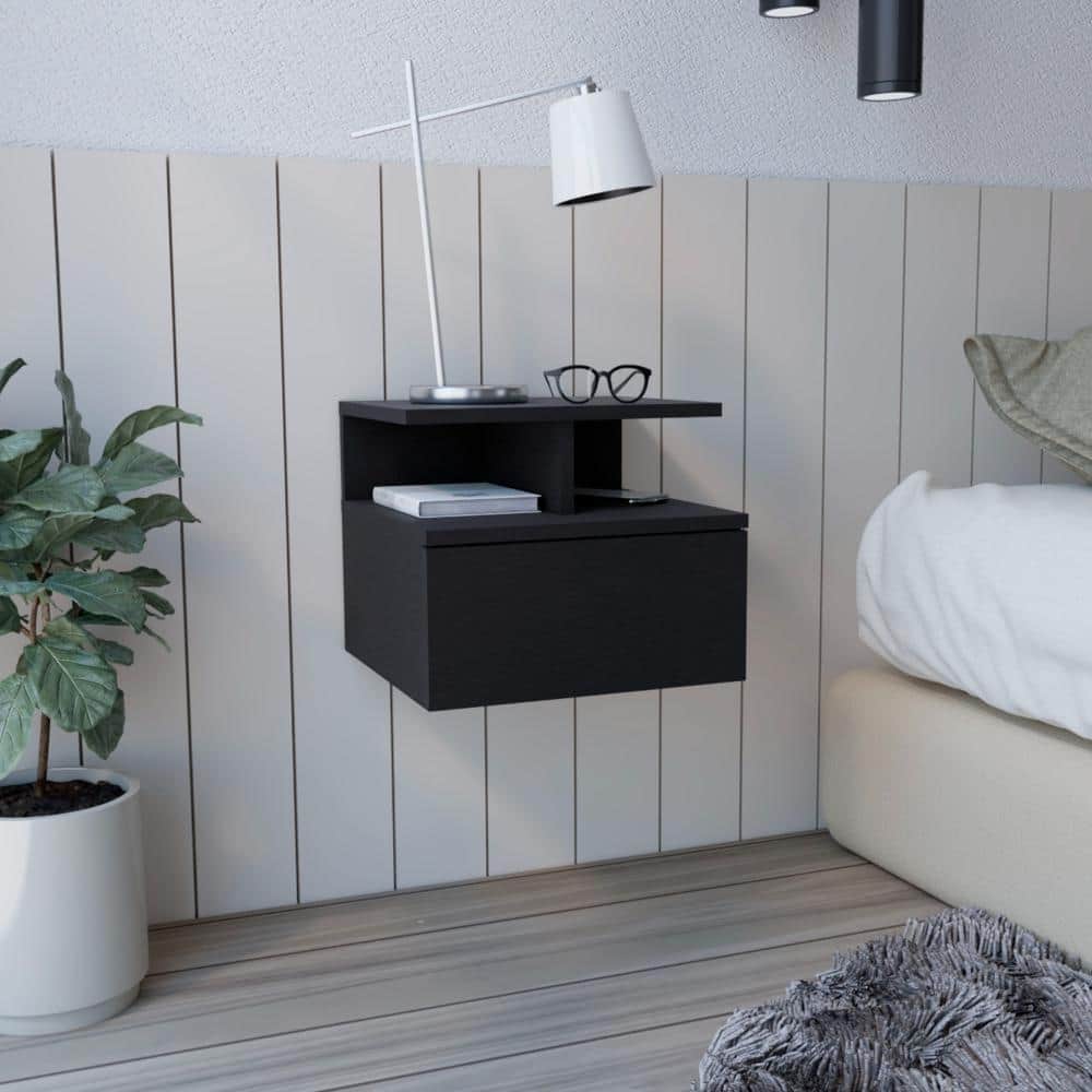 Floating Nightstand with Drawer and Open Shelves, Space-Saving Wall-Mounted Design