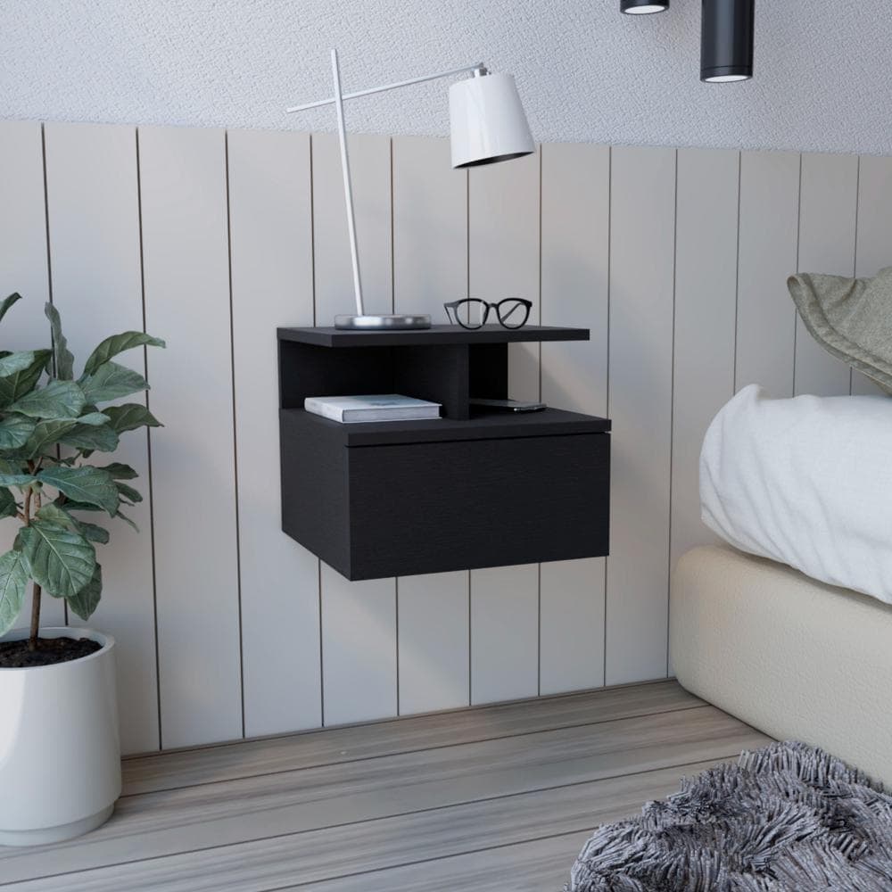 Floating Nightstand with Drawer and Open Shelves, Space-Saving Wall-Mounted Design - Black