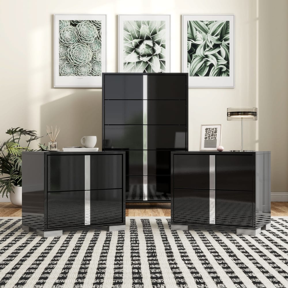Furniture of America Erina Modern 3-Piece Glossy Chest and 2 Nightstand Bedroom Set
