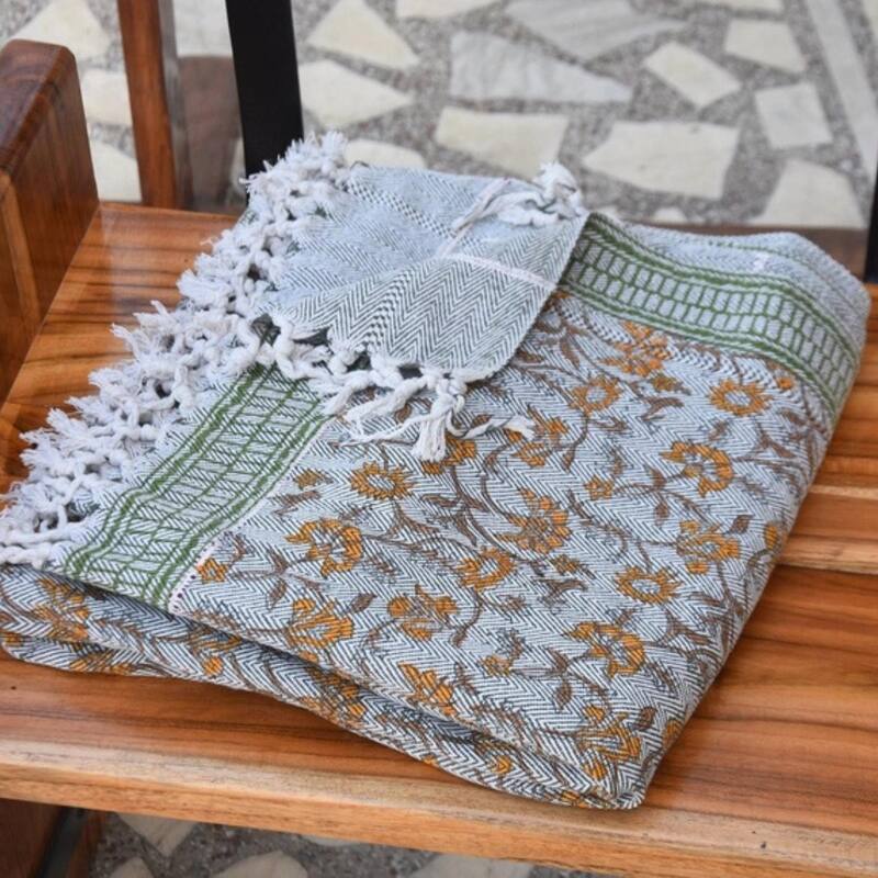 Fabdivine Naayab Handwoven Cotton Throw Blanket - Floral Block Print Couch & Bed Accent with Hand-Tied Fringe, 90"x54"
