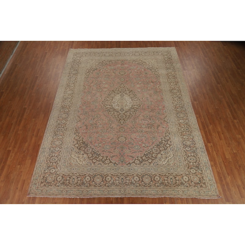 Traditional Pink Mashad Persian Vintage Area Rug Handmade Wool Carpet - 9'7" x 12'8"