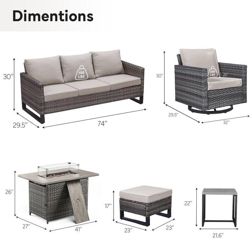Outdoor Sofa Chairs Ottomans and Fire Table Grey-Beige - Grey
