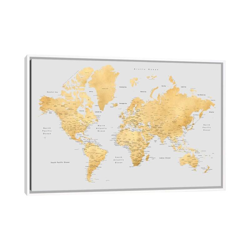 iCanvas "Detailed World Map In Gold And Grey, Everly" by blursbyai Framed Canvas Print - White - 26x40